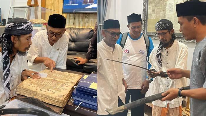 Salah satu ulama Aceh, Teungku Muhammad Yusuf atau akrab disapa Abiya Jeunieb didampingi Sekjen Partai SIRA, Muhammad Daud (kanan), Direktur Rumoh Manuskrip Aceh Tarmizi A Hamid (kiri) dan Badaruddin (dua dari kiri) berkunjung ke Rumoh Manuskrip Aceh, di Gampong Ie Masen Kayee Adang, Banda Aceh, Kamis (10/8/2023) petang (foto kanan). Abiya Jeunieb dan Tarmizi A Hamid sedang melihat Karya intelektual cendikiawan muslim Aceh di masa lalu (foto kiri)