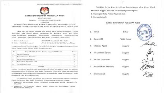 Beredar Berita Acara KIP Aceh Nyatakan Pasangan Bustami-Syech Fadhil Tidak Memenuhi Syarat Maju Pilkada 2024