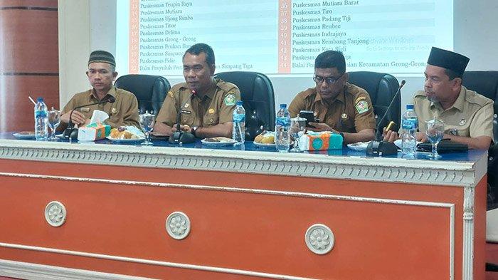 Dari kiri ke kanan: Kepala Bappeda Pidie Isnaini ST MSi, Pj Bupati Pidie Drs Samsul Azhar, Pj Sekda Pidie Jufrizal SSos MSi dan Asisten II H Tarmizi MSi pada Lauching Peta Digital Spasial Kantong Kemiskinan Kabupaten Pidie 2024 di Aula Bappeda Pidie, Senin (14/10/2024).
