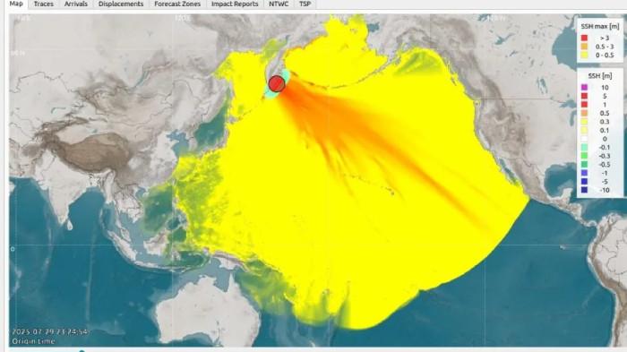Sebaran dampak dari gelombang Tsunami akibat gempa bumi tektonik berkekuatan magnitudo 8,7 mengguncang wilayah pesisir timur Semenanjung Kamchatka, Rusia, Rabu (30/7/2025) pagi.