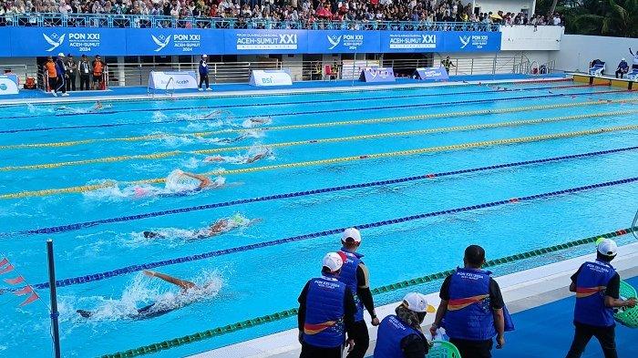 Atlet Selam Kolam Aceh, Muhammad Iqbal bertanding pada partai final nomor 200 meter bifins putra di Kolam Tirta Raya, Banda Aceh, Kamis (12/9/2024).
