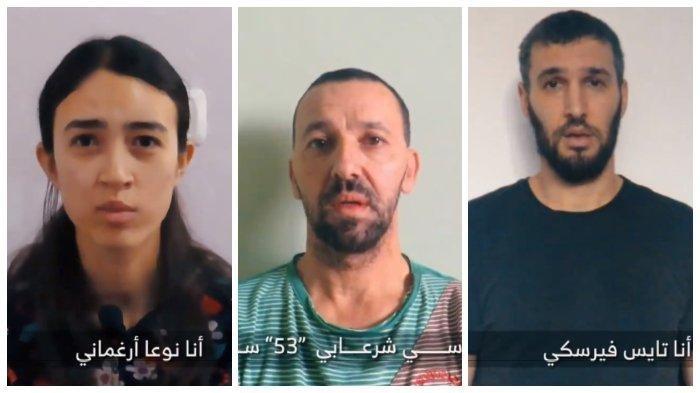 Dari kiri ke kanan: Noa Argamani (26), Yossi Sharaabi (53), dan Tais Versky (38). Mereka adalah tiga warga Israel yang disandera oleh Hamas di Jalur Gaza. Ketiganya muncul dalam video yang dirilis Brigade Al-Qassam (sayap militer Hamas) pada hari ke-100 perang Israel-Hamas pada Minggu (14/1/2024).