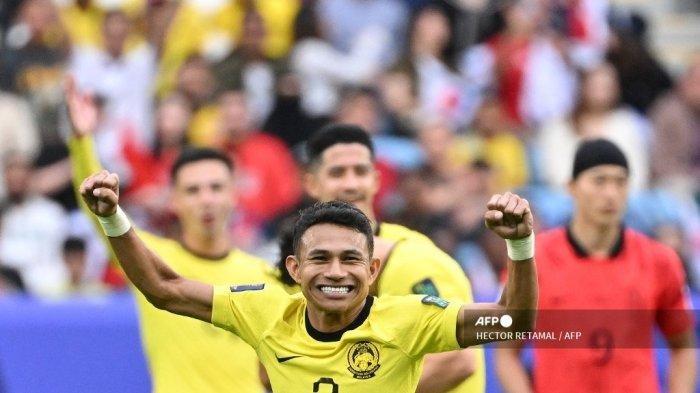Pemain depan Malaysia, Faisal Halim merayakan mencetak gol pertama timnya selama pertandingan sepak bola Grup E Piala Asia AFC Qatar 2023 antara Korea Selatan dan Malaysia di Stadion Al-Janoub di al-Wakrah, selatan Doha, pada 25 Januari 2024.