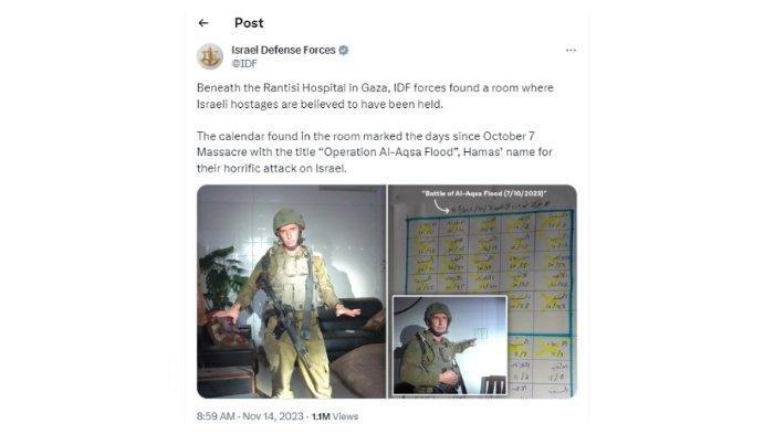 Postingan Pasukan Pertahanan Israel (IDF) di X (Twitter) yang mengatakan mereka menemukan daftar nama anggota Hamas yang bergiliran menjaga sandera di ruang bawah tanah rumah sakit Rantisi di Jalur Gaza. Ternyata, 'daftar nama berbahasa Arab' tersebut adalah nama-nama hari dalam seminggu. (Akun X IDF @IDF)