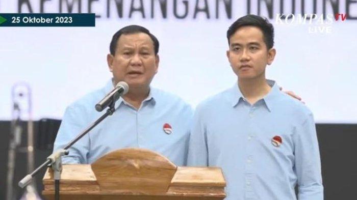 Prabowo Subianto dan Gibran Rakabuming Raka berpidato di hadapan jajaran ketua umum partai politik anggota KIM serta para pendukung dan simpatisan Koalisi Indonesia Maju sebelum mendaftarkan diri ke Komisi Pemilihan Umum (KPU), Rabu (25/10/2023).