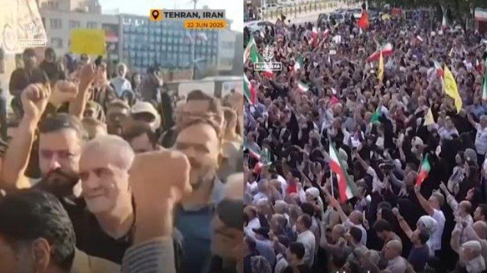 PROTES DI TEHERAN - Tangkapan layar YouTube Shorts Al Jazeera yang diambil pada Senin (23/6/2025) yang menampilkan Presiden Iran Ikut Gabung Aksi Protes serangan AS di Teheran pada hari Minggu (22/6/2025). Televisi pemerintah menayangkan rekaman saat Pezeshkian berjalan di antara para demonstran, yang mengangkat tangan tinggi dan meneriakkan, “Balas dendam! Balas dendam!” sebagai seruan kepada pemerintah untuk merespons tindakan militer AS secara tegas.
