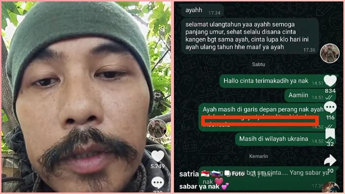 MOHON MAAF - Mantan prajurit Marinir TNI Angkatan Laut (AL) yang bergabung dengan pasukan bayaran Rusia, Satria Arta Kumbara, dalam postinganya di TikTok Minggu (20/7/2025), meminta maaf dan memohon pertolongan Presiden Prabowo untuk mengakhiri kontraknya dengan Kementerian Pertahanan Rusia. Dia juga memposting screenshot percakapan dengan anaknya di Indonesia (kanan).