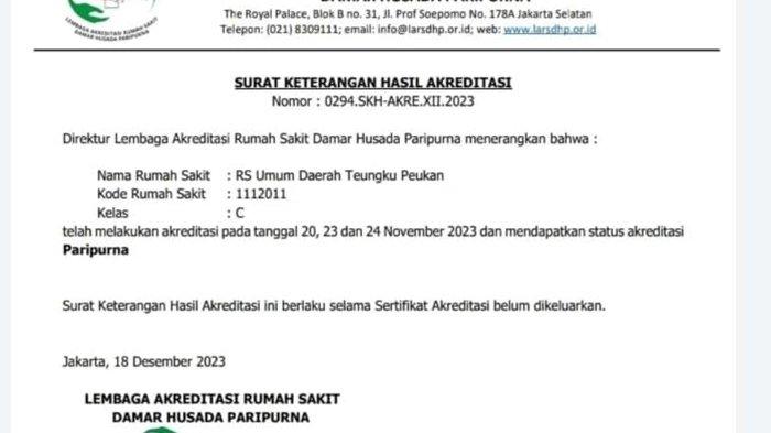 Surat keterangan hasil akreditasi Nomor: 0294.SKH-AKRE.XII.2023 oleh Lembaga Akreditasi Rumah Sakit Damar Husada Paripurna yang ditanda tangani oleh dr H Heru Ariyadi MPH selaku Direktur Utama