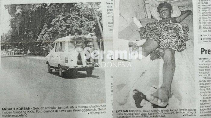 Dua foto yang merekam tragedi Simpang KKA tayang pada halaman 1 Harian Serambi Indonesia edisi Selasa 4 Mei 1999.