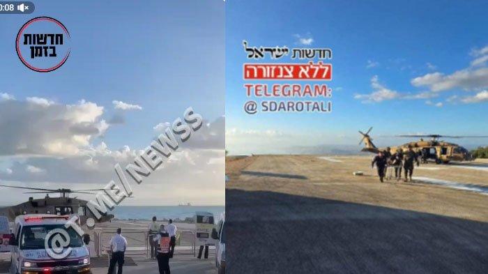 Rekaman media sosial memperlihatkan sejumlah tentara Israel terluka diangkut helikopter menuju bandara di Israel dimana belasan mobil ambulance telah siaga memberi pertolongan.