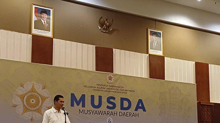 Muhammad Nasir SIP, MPA saat menyampaikan sambutan setelah terpilih sebagai Ketua Kagama Aceh Periode 2025-2025 di Hotel Hermes Banda Aceh, Minggu (20/4/2025). Nasir saat ini menjabat Plt Sekda Aceh.