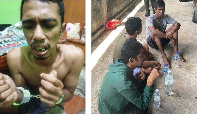 Syawana (29) pemuda Gampong Ujung Blang, Kecamatan Banda Sakti, Lhokseumawe disekap oleh mafia sabu-sabu di Thailand. Korban menjadi jaminan utang pembelian narkoba oleh mafia sabu asal Aceh. Foto kiri: Syawana saat disekap mafia sabu Thailand. Foto kanan: Syawana (bawah/pakai jaket) setelah dibebaskan