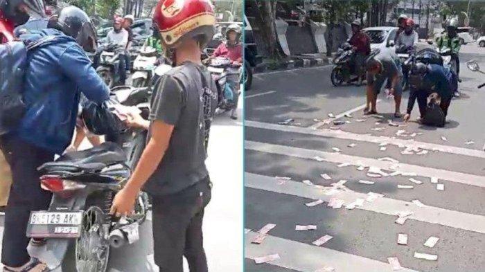 Screenshot pengendara berhenti mendadak mengutip uang pecahan Rp 100 ribu yang berserakan di Jalan Imam Bonjol Medan, Senin (18/9/2023).