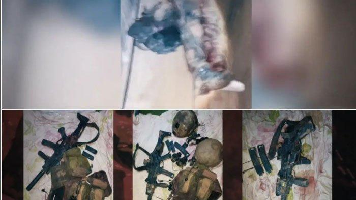 Tentara Israel dan senjata yang disita pejuang Hamas dalam operasi terowongan.