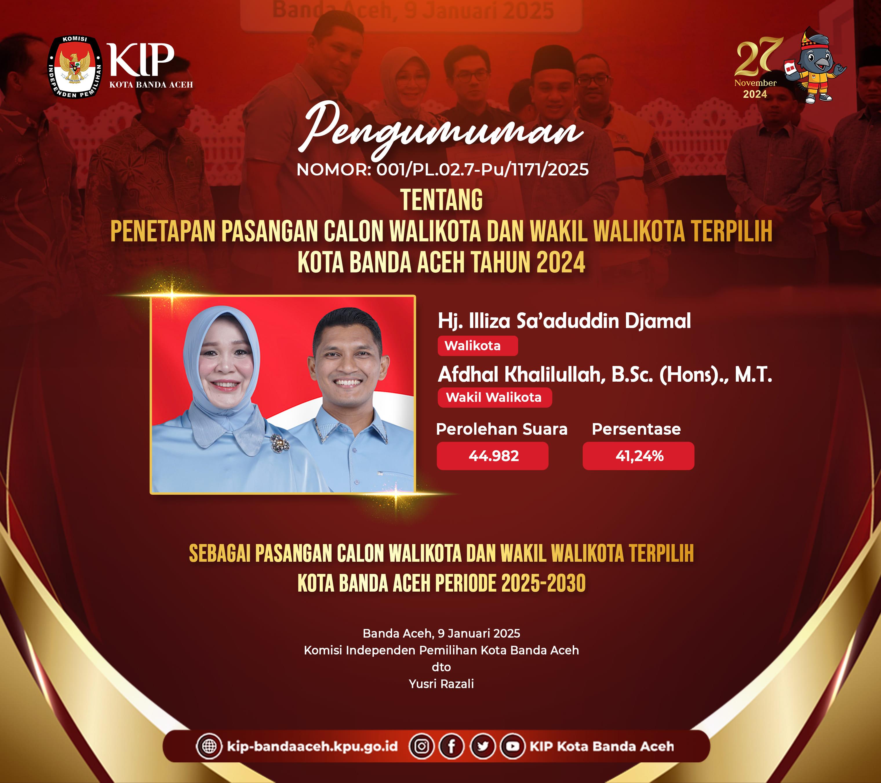 Pengumuman Tentang Penetapan Pasangan Calon Walikota dan Wakil Walikota terpilih Kota Banda Aceh Tahun 2024