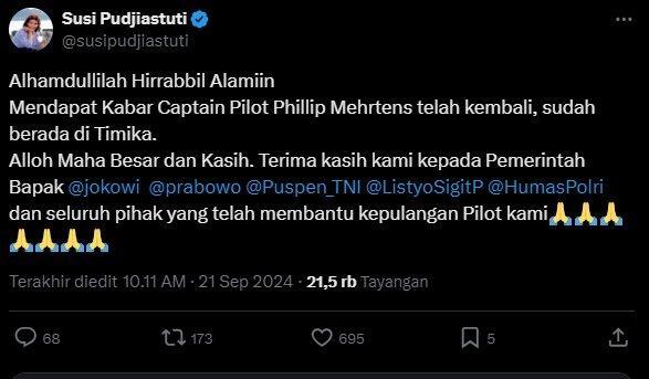 Susi Pudjiastuti melalui akun Twitter (X) pribadinya, @susipudjiastuti. (Tangkap layar kanal akun X @susipudjiastuti)