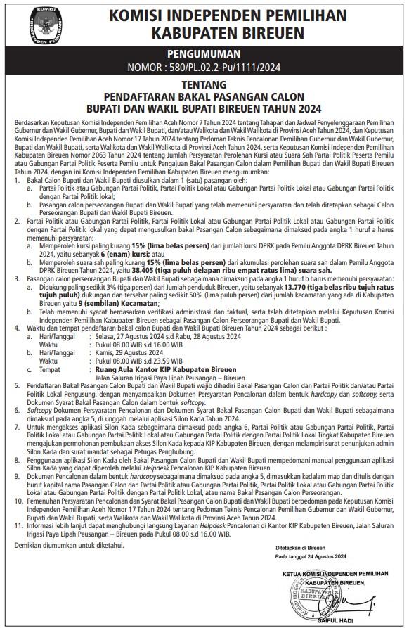 KIP Kabupaten Bireuen Umumkan Pendaftaran Bakal Calon Bupati dan Wakil Bupati Tahun 2024