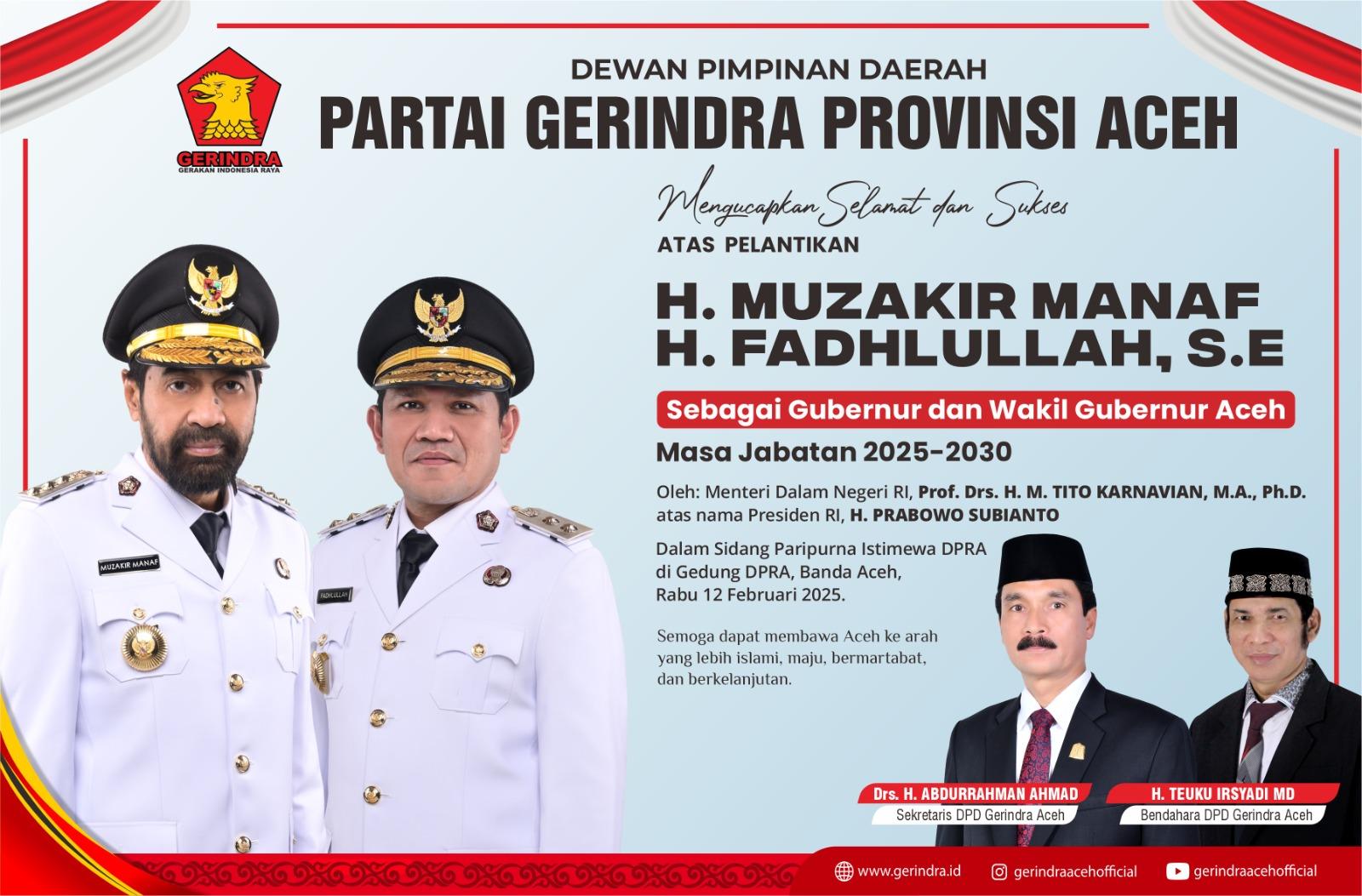 Gerindra Aceh Sambut Pelantikan H. Muzakir Manaf & H. Fadhlullah sebagai Gubernur-Wagub Aceh 2025-2030