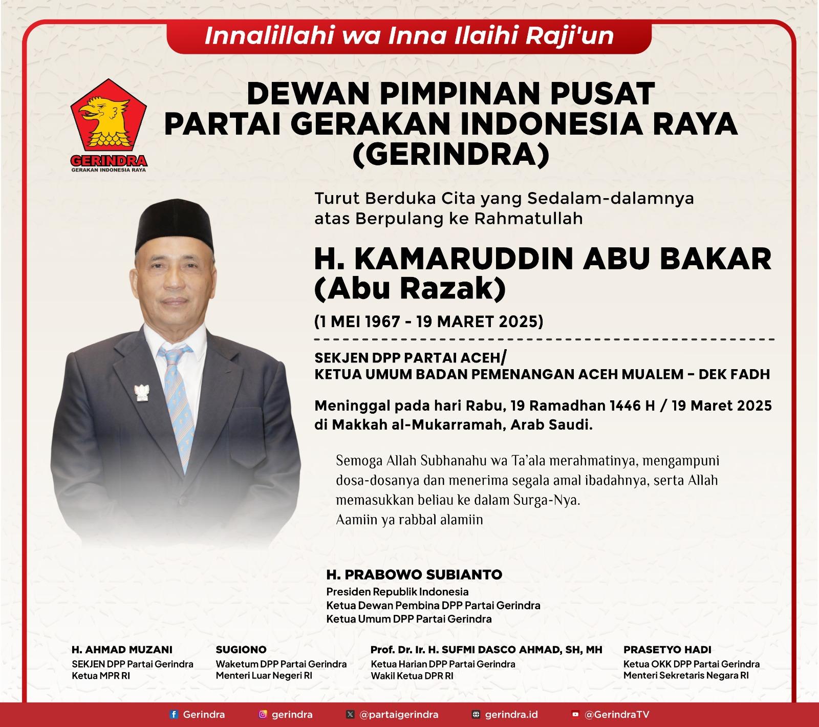 Ucapan Duka Cita Dewan Pimpinan Pusat Partai Gerindra