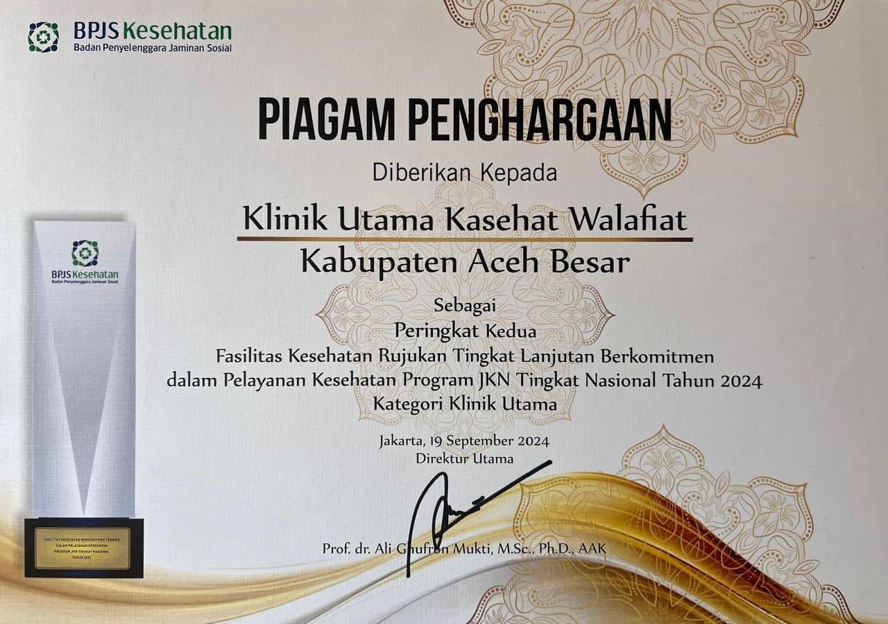 Klinik Utama Kasehat Walafiat Mendapat Piagam Penghargaan terbaik ke 2 Sebagai FKRTL Kategori Klinik Utama Tingkat Nasional dari BPJS Kesehatan Pusat.