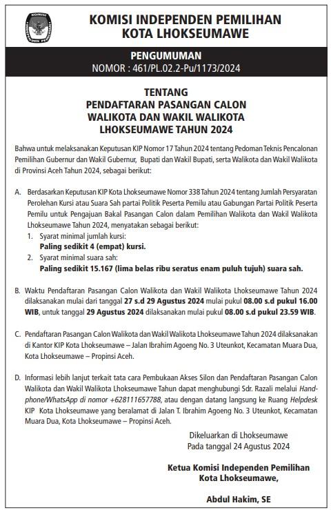 KIP Kota Lhokseumawe Umumkan Pendaftaran Bakal Calon Bupati dan Wakil Bupati Tahun 2024