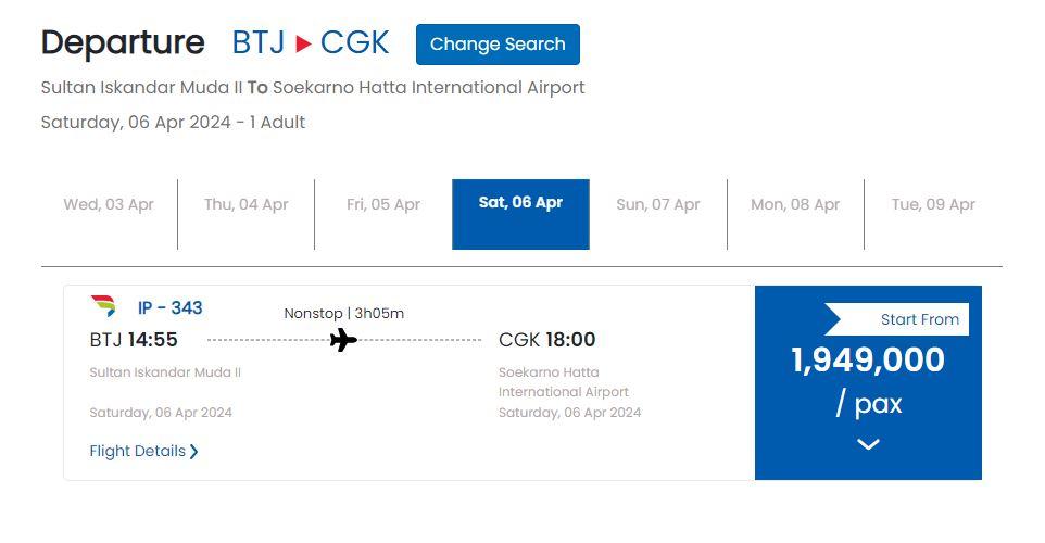 penerbangan dari Banda Aceh ke Jakarta pada Sabtu, 6 April 2024