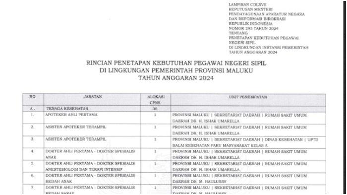Berikut link download PDF dan rincian kebutuhan ASN di lingkungan Provinsi Maluku tahun anggaran 2024