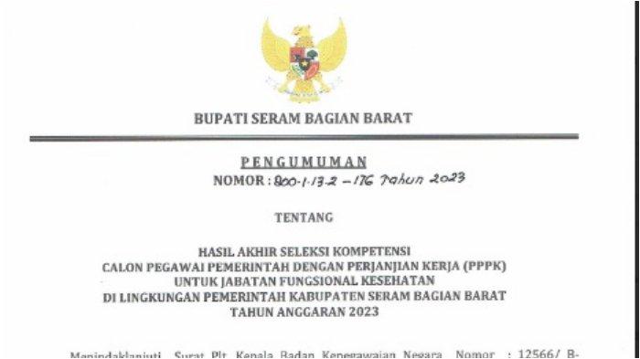Hasil akhir seleksi kompetensi Calon Pegawai Pemerintah dengan Perjanjian Kerja Jabatan fungsional kesehatan di lingkungan Pemerintah Kabupaten Seram Bagian Barat