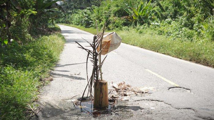 JALAN RUSAK - Tampak sebuah batang pisang ditempatkan warga pada salah satu lubang jalan jalur Trans Seram Waipirit - Masohi. Batang pisang dipasang sebagai tanda peringatan bagi pengguna jalan yang melintas.
