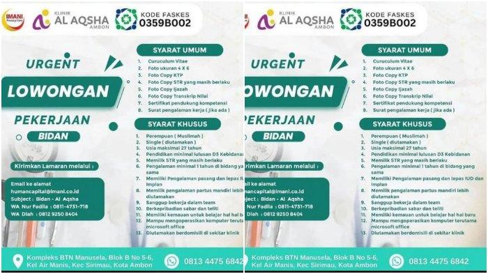 Klinik Al Aqsha Ambon Buka Lowongan Kerja, Posisi yang Dibutuhkan Bidan, Pendidikan Min D3 Kebidanan