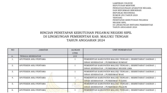 LINK PDF Formasi dan Kebutuhan CPNS/PPPK Pemerintah Kabupaten Maluku Tengah Tahin 2024
