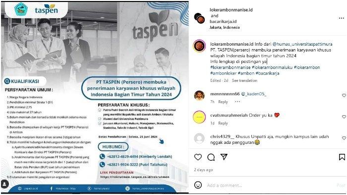 PT TASPEN buka lowongan kerja melalui penerimaan karyawan khusus wilayah Indonesia Bagian Timur tahun 2024.