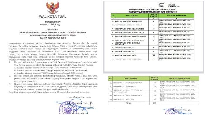 Rincian Kebutuhan ASN di Lingkungan Pemerintah Kota Tual Tahun 2023