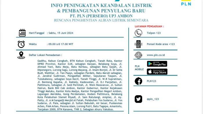Jadwal pemadaman listrik sementara di Ambon untuk pembangunan Jaringan Tegangan Menengah pada Sabtu mendatang (15/6/2024).