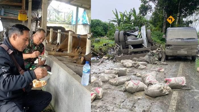 KOLASE FOTO - Aiptu I Made Suarsana, Bhabinkamtibmas Desa Awan saat makan bersama almarhum Sertu Wayan Ardana 3 hari sebelum kejadian dan foto kondisi pasca kecelakaan truk rem blong di Kintamani Bangli Bali pada 9 Februari 2025.