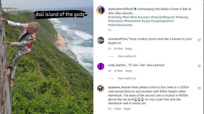 Viral aksi memanjat dinding tembok di luwatu, Kuta Selatan, Badung, Bali oleh Alain Robert.