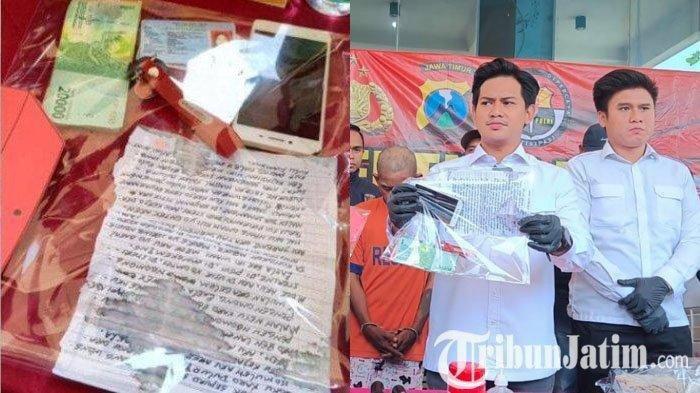 (Kiri) Barang bukti. (Kanan) Kasat Reskrim Polres Kediri, AKP Rizkika Atmadha Putra (tengah) menunjukkan barang bukti dalam ungkap kasus pembunuhan perempuan dalam karung di Kediri, Senin (17/7/2023).