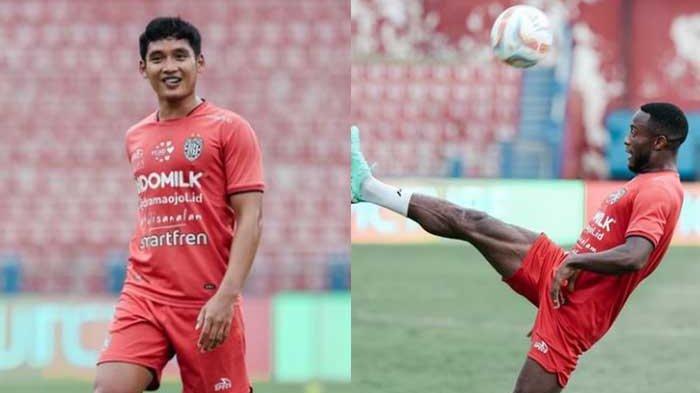 Dua gelandang Bali United Privat Mbarga dan Kadek Agung Widnyana (kiri)