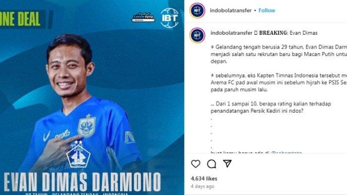 Evan Dimas dirumorkan gabung ke Persik Kediri di bursa transfer Liga 1 2024. tangkap layar instagram@indobolatransfer