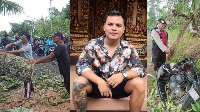 Kolase foto TKP pohon tumbang timpa pemotor di Petang, korban Nyoman Sumerta semasa hidup dan kondisi motor korban pasca kejadian.