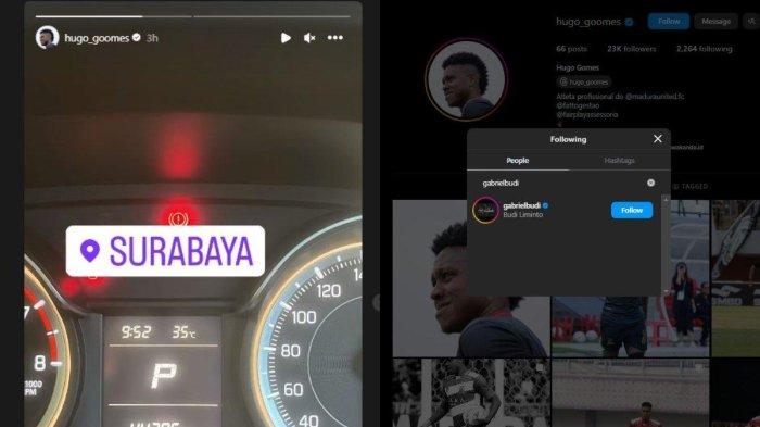Kolase foto gelandang Madura United, Hugo Gomes yang tengah berada di Surabaya pada Senin, 20 November 2023 (kiri) dan telah saling mengikuti dengan agen pemain langganan Persebaya Surabaya, Gabriel Budi (kanan). Instagram @hugo_goomes