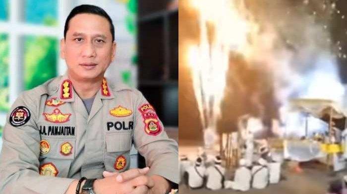 Kolase foto: Kabid Humas Polda Bali, Kombes Pol Jansen Avitus Panjaitan dan tangkap layar peluncuran kembang api di Pantai Berawa, Tibubeneng, Kuta Utara saat umat Hindu melakukan persembahyangan yang menjadi kontroversi.