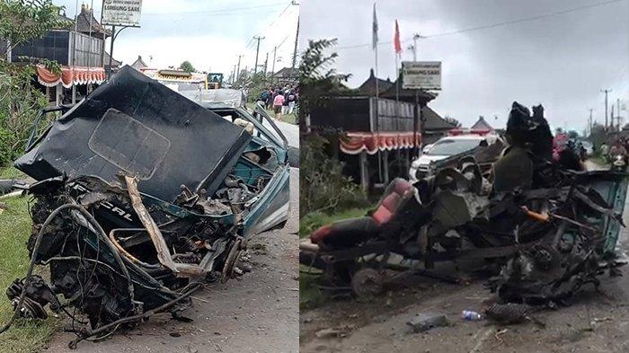 RINGSEK - Kondisi mobil Feroza yang dikendarai Garsana (35) ringsek saat kecelakaan lalu lintas tragis terjadi di Jalan Raya Kintamani - Bangli kawasan Banjar Bangklet, Desa Kayubihi, Kabupaten Bangli, Bali, Kamis 10 Juli. Garsana tewas di tempat dalam kejadian ini.