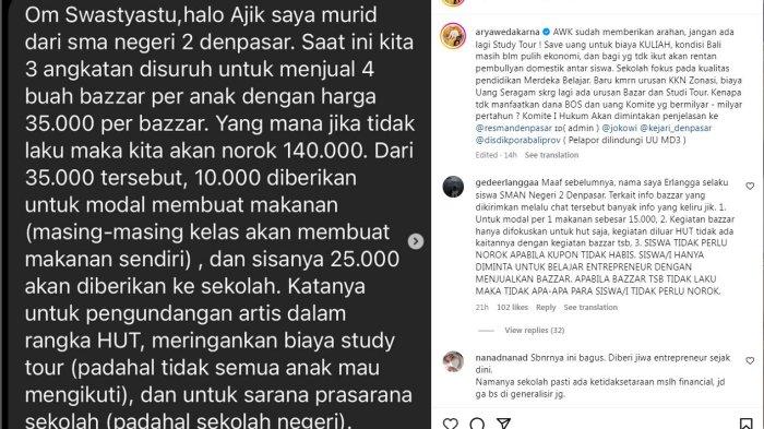 Postingan dari AWK terkait dengan berita viral siswa SMAN 2 Denpasar (Resman) jika tak mampu menjual bazza akan diminta norok atau mengganti rugi.