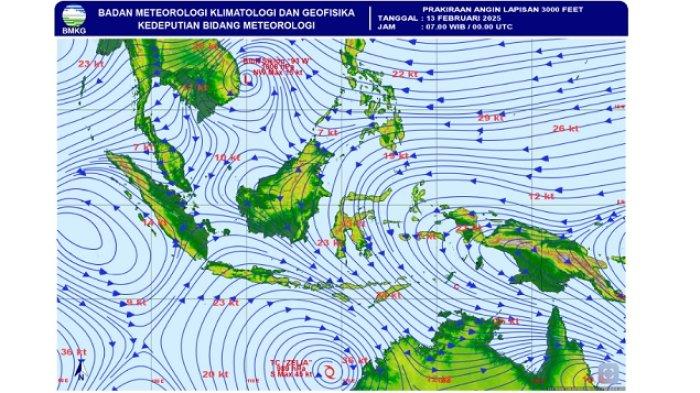 Prakiraan pergerakan angin yang diambil dari citra satelit di seluruh Indonesia pada Rabu 12 Februari 2025