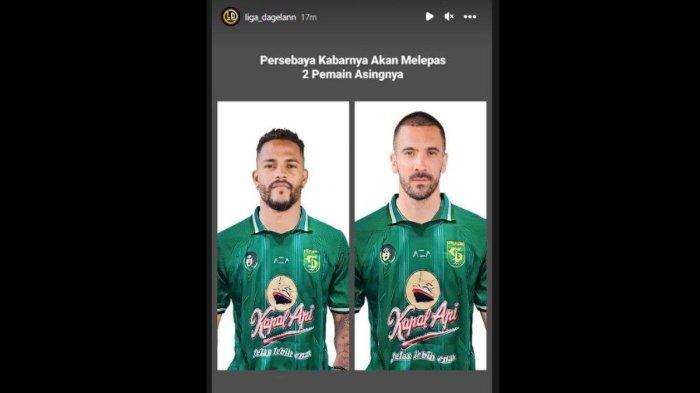 Rumor dilepasnya Paulo Victor dan Dusan Stevanovic oleh Persebaya Surabaya jelang putaran kedua Liga 1 2023, Senin 2 Oktober 2023. Instagram story @liga_dagelann