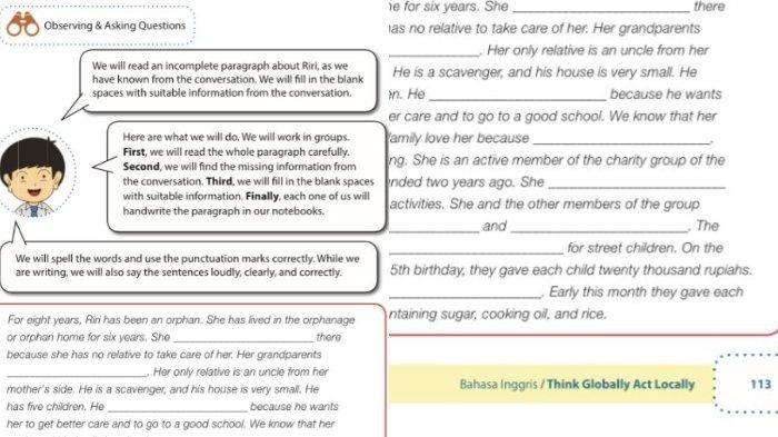 Soal Bahasa Inggris kelas 9 halaman 113 - Berikut ini kunci jawaban Bahasa Inggris Kelas 9 halaman 113 bagian Observing And Asking Questions, complete the text. (pdf Bahasa Inggris kelas 9)
