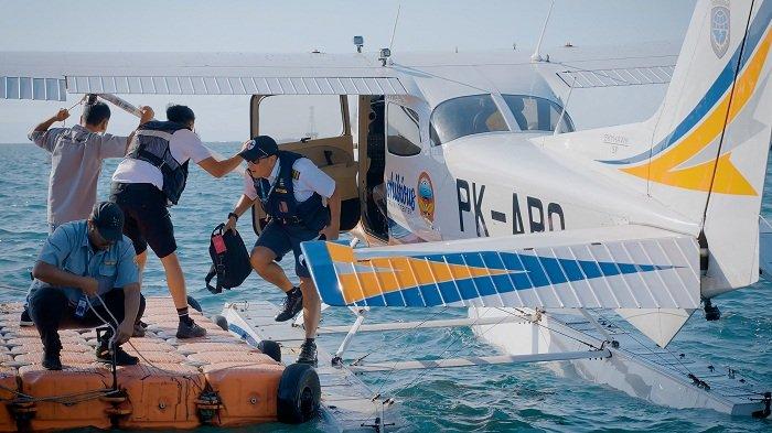 Uji coba penerbangan seaplane bandara perairan di Pantai Mertasari, Denpasar, Bali, pada Kamis 20 Juni 2024.