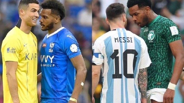 kolase bek Arab Saudi Ali Al Bulayhi terlibat insiden dengan Cristiano Ronaldo (kiri) dan Lionel Messi (kanan).