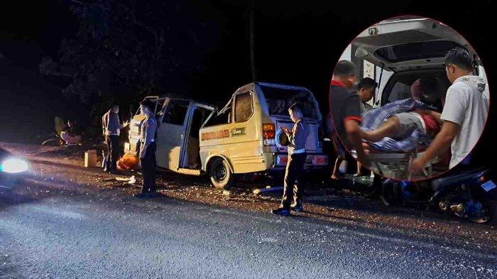 Kondisi minibus pengangkut pamedek yang mengalami kecelakaan di Nongan, Kamis 16 November 2023. Inset: Jenazah dipulangkan ke rumah duka.